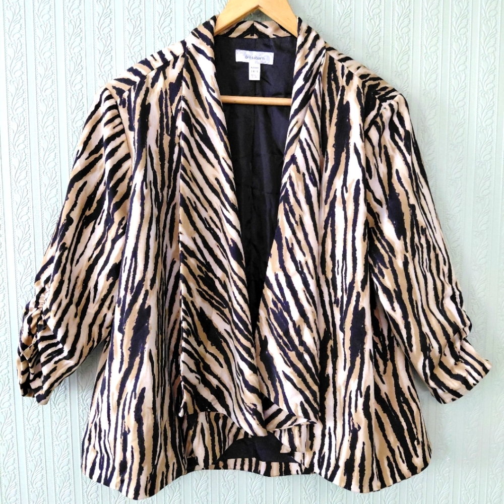 DRESSBARN Brown Black Women 14/16 Open Front Animal Print Blazer Layering